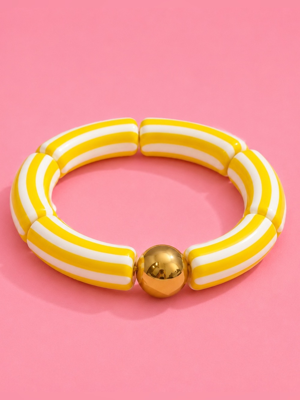 llSunny Yellow White Resin Bracelet Gold Bead Stretch Bangle